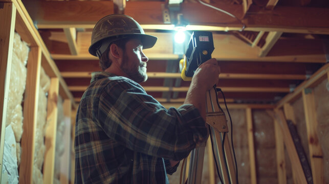 A home energy essment being conducted by an insulation technician using thermal imaging to identify areas where insulation should be added or improved for maximum energy savings.