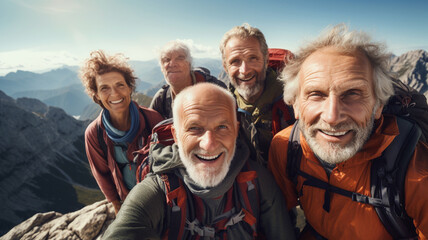 A group of seniors hiking in the mountains