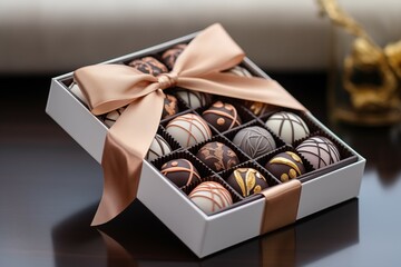 Luxury set of variety style of handmade chocolates in a gift box decorated with gold silk ribbon in a bright room