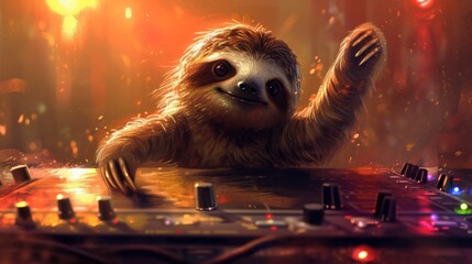 Fototapeta premium A sloth is dancing on a dj mixer with lights, AI