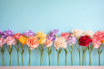 Colorful array of carnation on blue background with copy space