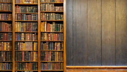 大きな本棚の背景。さくさんの本が並ぶイメージ素材。Big bookshelf background. Image material with many books lined up. - obrazy, fototapety, plakaty