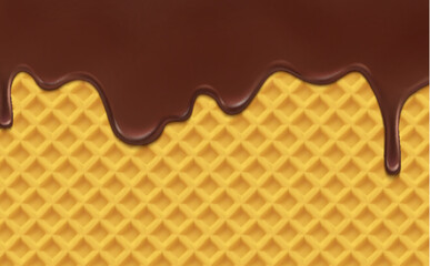 Realistic chocolate drip melting on wafer background, vector choco syrup. Chocolate melt or candy caramel sweet sauce flow drops on waffle pattern texture for ice cream or wafer dessert package - obrazy, fototapety, plakaty