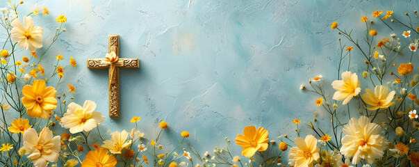 Christian cross with yellow spring flowers on blue background. Happy Easter holiday. Christian awakening life symbol. Religious concept. Design for banner, greeting card, poster, invitation