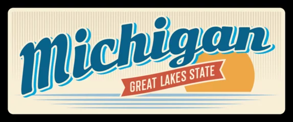 Fotobehang USA state travel and tourism plate, banner with American Michigan state. Vintage sign and postcard of State in Great Lakes region of upper Midwestern United States, capital is Lansing © Vector Tradition
