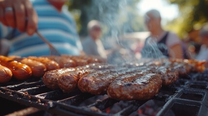 A lively group of retirees dishing out barbecue from a portable grill with the scent of hot dogs and burgers filling the air as they relax and enjoy the company of each other. - obrazy, fototapety, plakaty