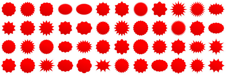 Starburst sale price stickers, seals and labels. Star and rosette, oval and sunburst, callout and splash, stamp and tag badges isolated vector set. Red stickers for promo advertising campaign - obrazy, fototapety, plakaty