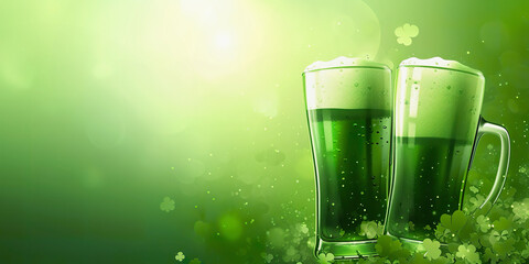 St Patricks Day banner with two green beers, holiday background