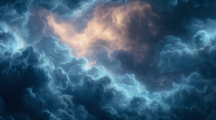 Closeup of a dramatic stormy texture of dark charcoalcolored clouds looming over an electric blue sky.