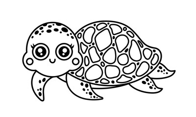 Turtle vector illustration. Cute underwater animal swims and smiles. Spotted ocean pet with shell. Hand drawn outline, doodle. Coloring page with a funny reptile. Black and white clipart for kids