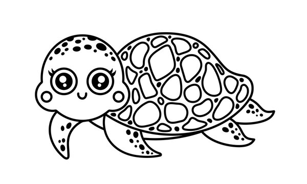 Turtle vector illustration. Cute underwater animal swims and smiles. Spotted ocean pet with shell. Hand drawn outline, doodle. Coloring page with a funny reptile. Black and white clipart for kids