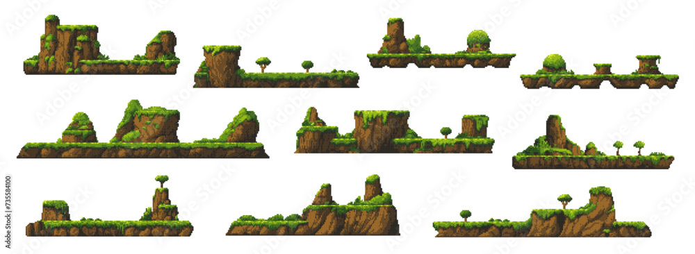 Wall mural 8bit arcade pixel art game, rain forest and mountain jungle platforms, cartoon vector. arcade game e