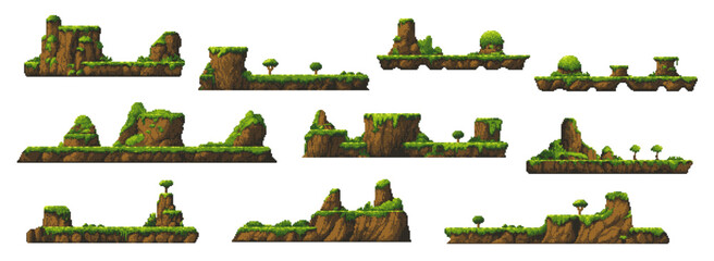 8bit arcade pixel art game, rain forest and mountain jungle platforms, cartoon vector. Arcade game elements of mountain rocks with jungle trees and rainforest valley for game level map interface