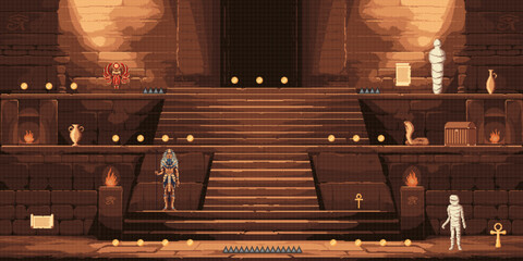 Ancient Egypt temple or pyramid 8bit pixel art arcade game level map, vector background. Scarab, mummy and cobra snake, golden coins and manuscripts with pharaoh treasure for 8 bit arcade video game - obrazy, fototapety, plakaty