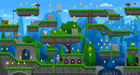 Arcade abandoned ancient city ruins game level map interface. Golden coins, stone platforms and stairs, gems and traps, statues, green trees and grass. Keys, monuments and treasures at antique town © Vector Tradition