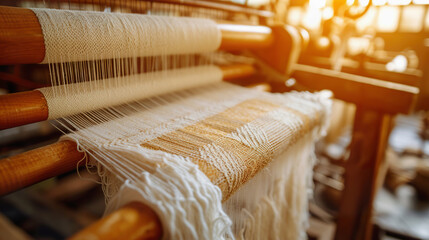 White textiles on traditional loom. Artisan fabrics production - obrazy, fototapety, plakaty