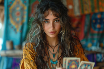 Naklejka premium Beautiful young tanned white brunette woman with long hair sits in ethnic clothing with decorations in room at table with mystical metaphorical tarot cards. White gypsy girl. Fate. Carpet on wall