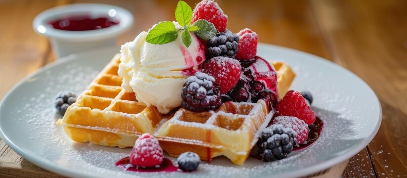 A delicious plate of waffles and berries with a tempting cup of syrup, perfect for breakfast or brunch
