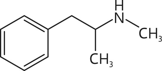 Methamphetamine drug molecule and chemical formula, vector structure model. Methamphetamine or meth narcotic substance, synthetic or organic drug stimulant of central nervous system, molecular formula - obrazy, fototapety, plakaty