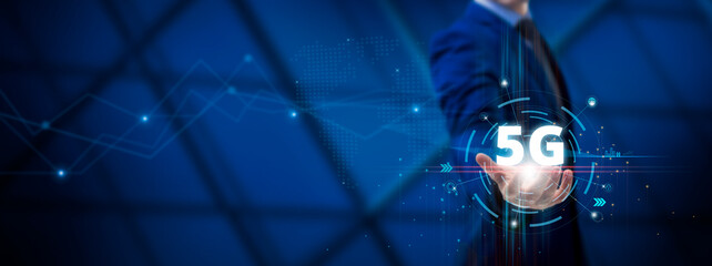5G: Connectivity, Innovation, Advanced Technology, Network Expansion, Businessman holds 5G Technology on global structure network and Technological interface.
