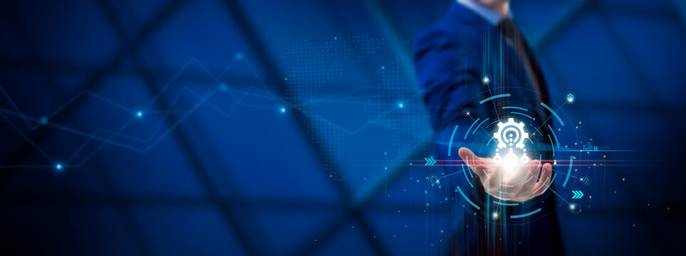 Algorithm: Innovation, Efficiency, Data Processing, Analytics. Businessman holds Algorithmic Solutions on Global Structure Network and Technological Interface.