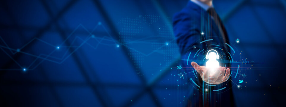 Customer Support: Assistance, Solutions, Satisfaction, Accessibility. Businessman hold Customer Support on global structure network and Technological interface.
