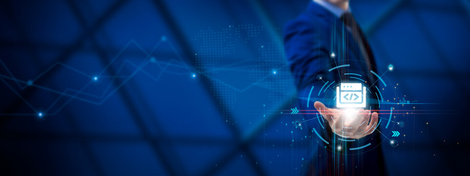 Web Development: Innovation, Creativity, Coding Mastery, User Experience, Businessman hold Web Development Icons on global structure network and Technological interface.