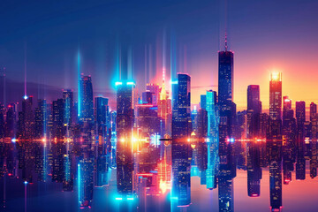 A vibrant blue neon cityscape in dusk with glowing skyscrapers