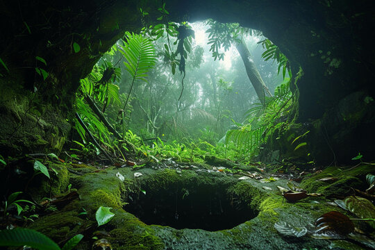 A warmhole opening above an ancient undisturbed jungle casting a mystical glow