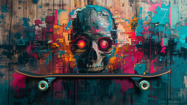 Blend influences of cyberpunk high tech security and globalization onto the artwork of a skateboard deck