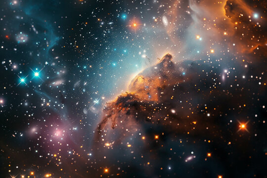 A warmhole opening in a pitch black space scattered with multicolored galaxies