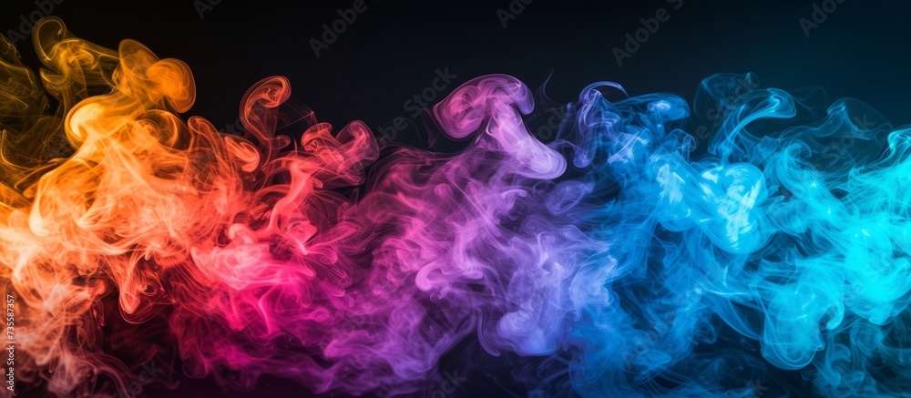 Poster vibrant and dynamic colorful smoke creating mesmerizing patterns on a dark black background