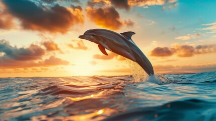 Dolphin Leaping Out of Water with Vibrant Sunset Background