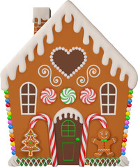 christmas gingerbread house front view. christmas house with cookies and candies