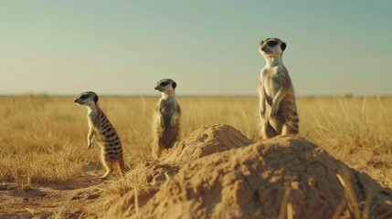Adorable Meerkat Family Standing Guard at Their Burrow in the African Savannah.
