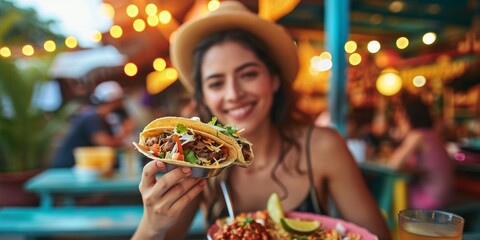 Latin American woman enjoying tacos al pastor in Mexico, Generative AI 