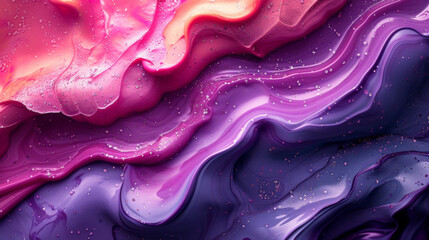 Texture of globs of paint blending and creating a marbled effect in shades of purple and pink. - obrazy, fototapety, plakaty