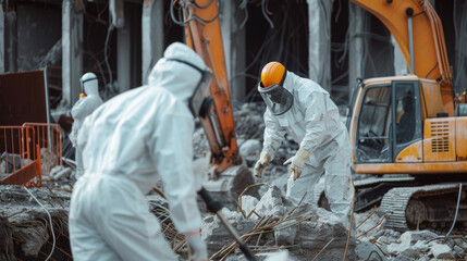 A crew in full protective gear carefully removing asbestos and other hazardous materials from a demolition site ensuring a safe and clean work environment.