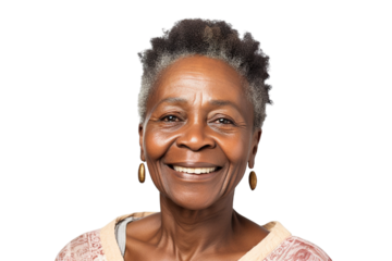 Happy middle aged mature black woman, senior older 50 year lady looking at camera touching her face isolated on white close up face portrait PNG