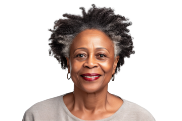 Happy middle aged mature black woman, senior older 50 year lady looking at camera touching her face isolated on white close up face portrait PNG