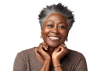 Happy middle aged mature black woman, senior older 50 year lady looking at camera touching her face isolated on white close up face portrait PNG