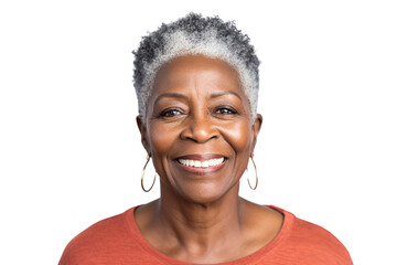 Happy middle aged mature black woman, senior older 50 year lady looking at camera touching her face isolated on white close up face portrait PNG