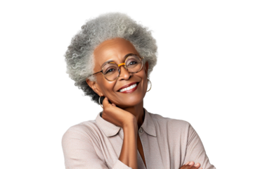 Happy middle aged mature black woman, senior older 50 year lady looking at camera touching her face isolated on white close up face portrait PNG