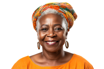 Happy middle aged mature black woman, senior older 50 year lady looking at camera touching her face isolated on white close up face portrait PNG