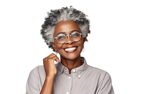 Happy middle aged mature black woman, senior older 50 year lady looking at camera touching her face isolated on white close up face portrait PNG