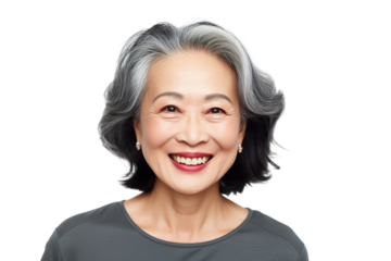 Happy middle aged mature asian woman, senior older 50 year lady looking at camera touching her face isolated on white close up face portrait PNG