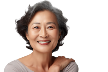 Happy middle aged mature asian woman, senior older 50 year lady looking at camera touching her face isolated on white close up face portrait PNG