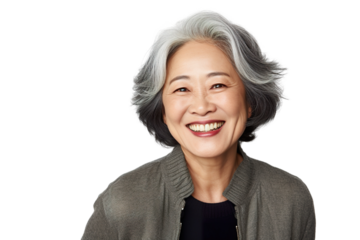 Happy middle aged mature asian woman, senior older 50 year lady looking at camera touching her face isolated on white close up face portrait PNG