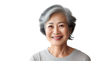 Happy middle aged mature asian woman, senior older 50 year lady looking at camera touching her face isolated on white close up face portrait PNG