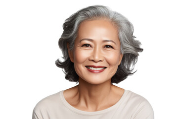 Fototapeta premium Happy middle aged mature asian woman, senior older 50 year lady looking at camera touching her face isolated on white close up face portrait PNG